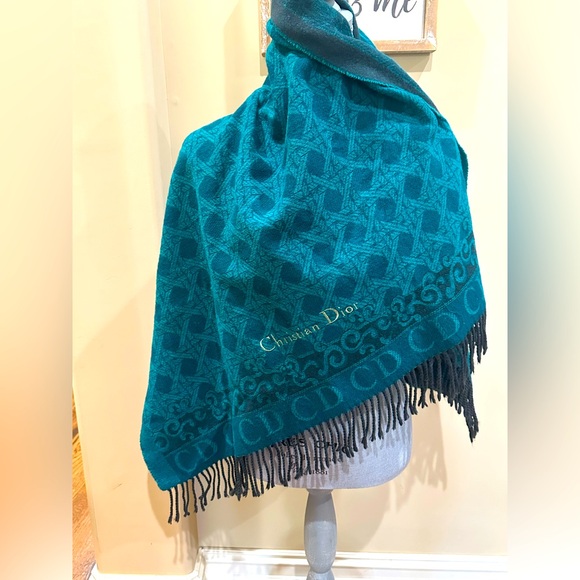 Dior Teal Fringed Oblique & Cannage 100% Wool Shawl - Picture 1 of 7